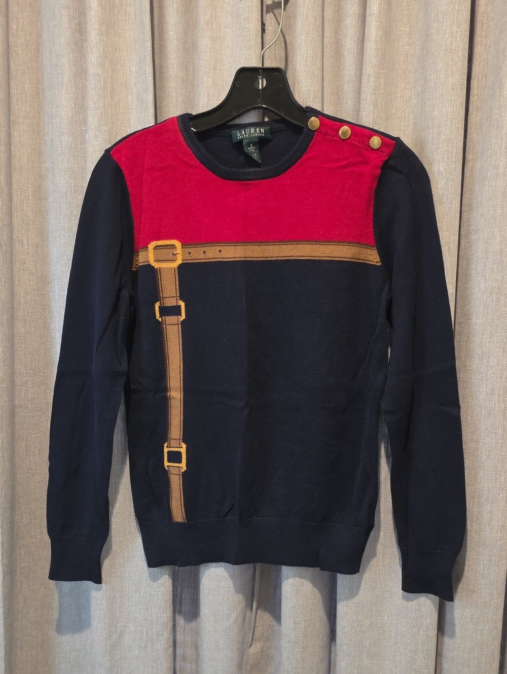 Vintage Lauren Ralph Lauren Navy & Red  Sweater with Equestrian Belt Motif